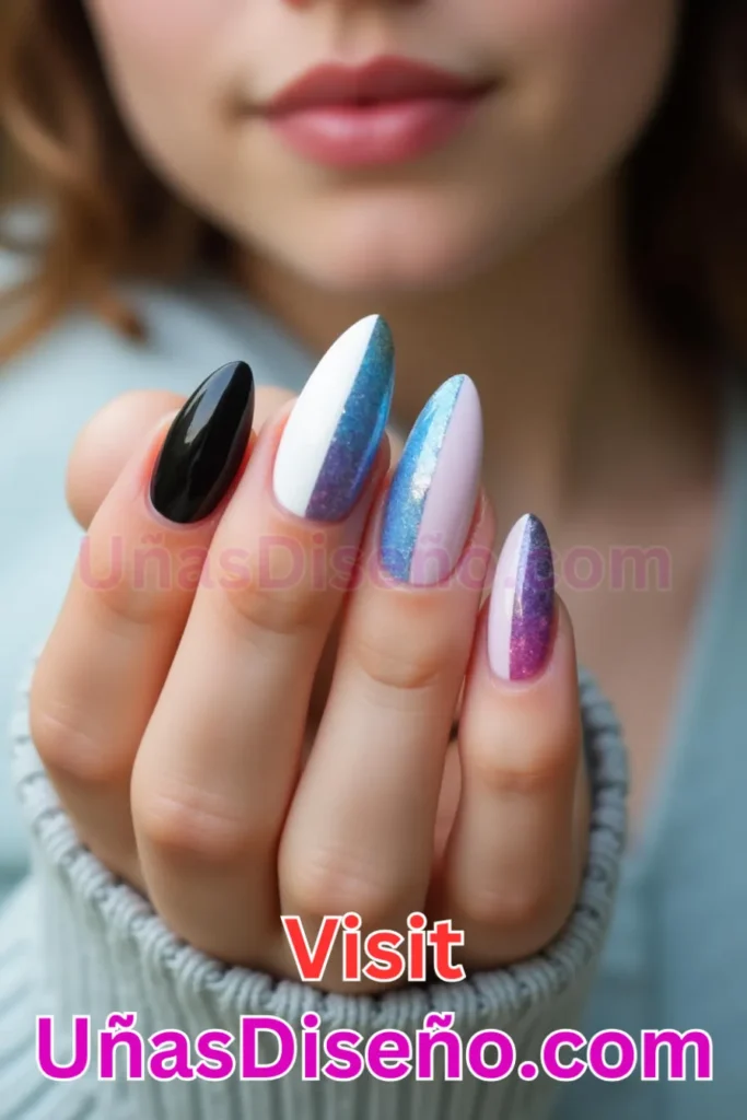 24. Uñas divididas en dos tonos - 25 propuestas vanguardistas de diseños de uñas semipermanentes para un look único (7).jpeg