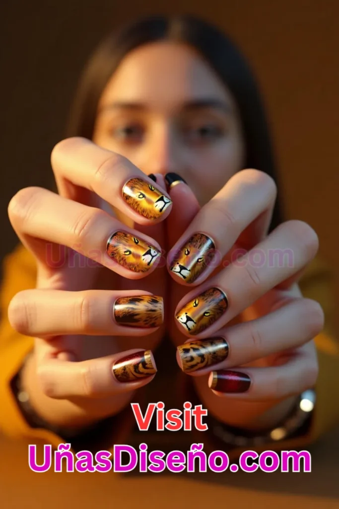 28. León Diseños de uñas - 51 Diseños de uñas con estampado animal para combinar a la perfección con tus vestidos (1).jpeg