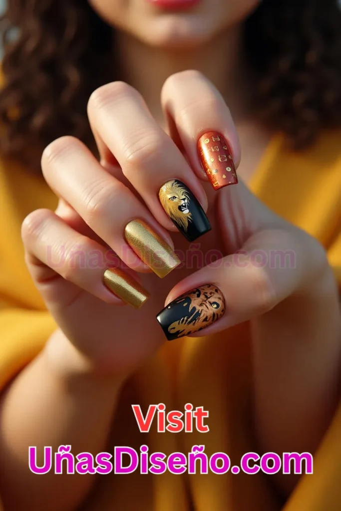 28. León Diseños de uñas - 51 Diseños de uñas con estampado animal para combinar a la perfección con tus vestidos (2).jpeg