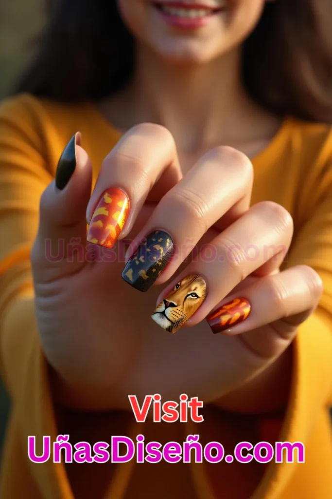 28. León Diseños de uñas - 51 Diseños de uñas con estampado animal para combinar a la perfección con tus vestidos (3).jpeg