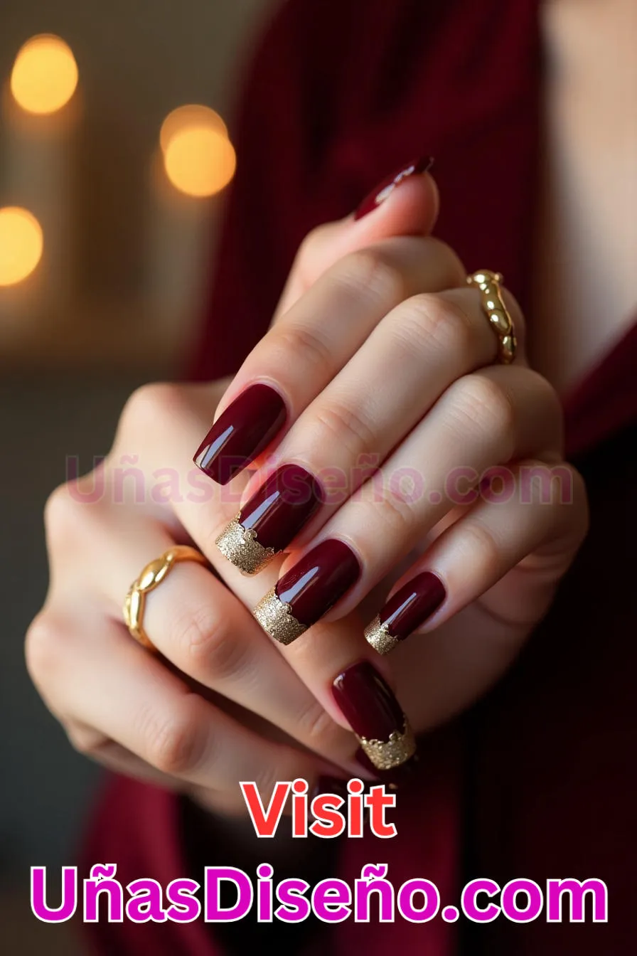 3. Manicura Francesa Inversa en Burdeos y Oro (3)