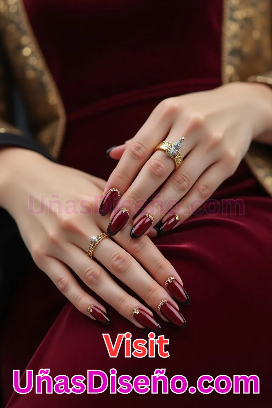 3. Manicura Francesa Inversa en Burdeos y Oro (4)