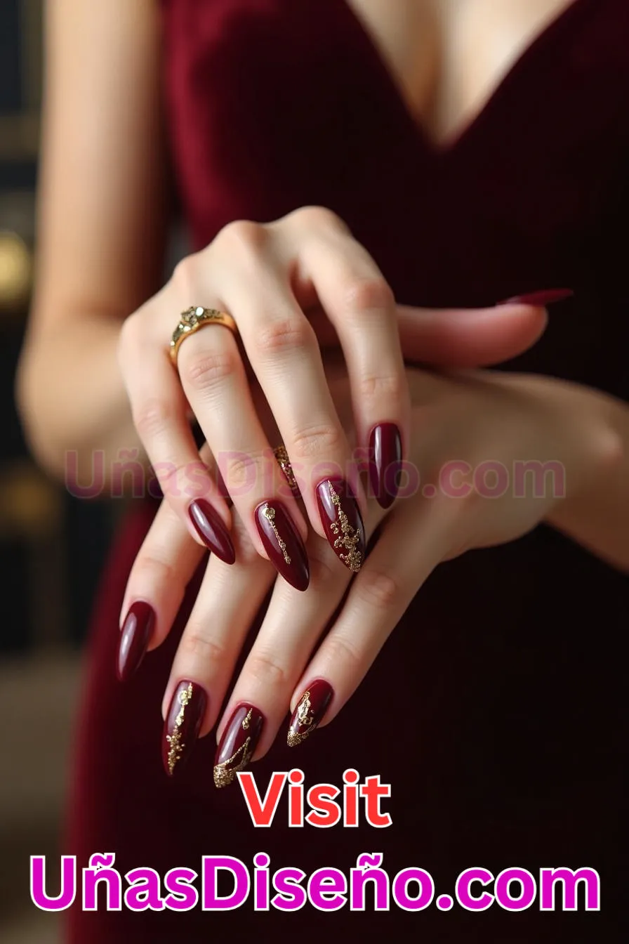 3. Manicura Francesa Inversa en Burdeos y Oro (5)