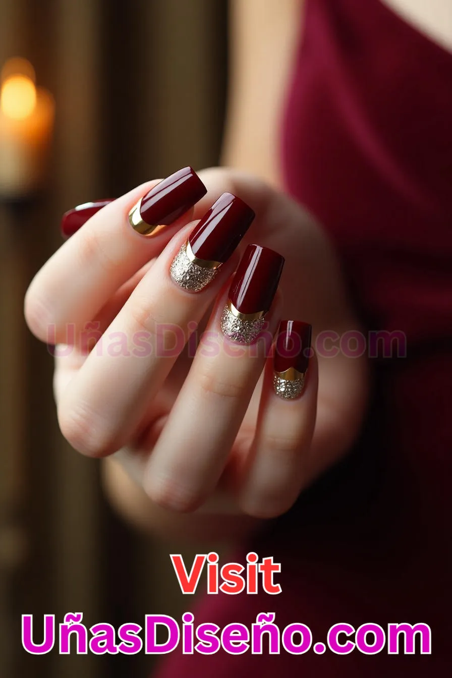 3. Manicura Francesa Inversa en Burdeos y Oro (6)