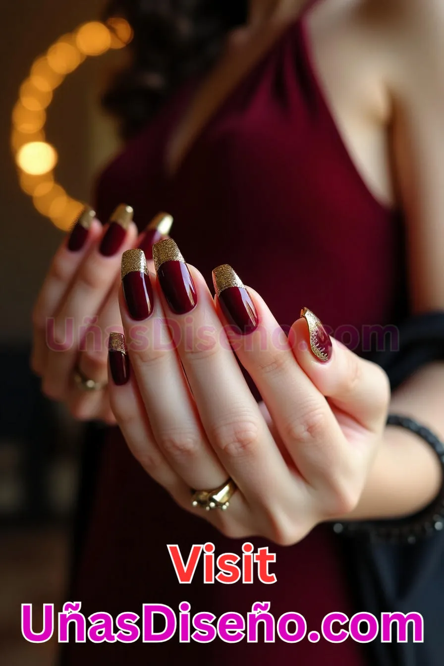 3. Manicura Francesa Inversa en Burdeos y Oro (7)