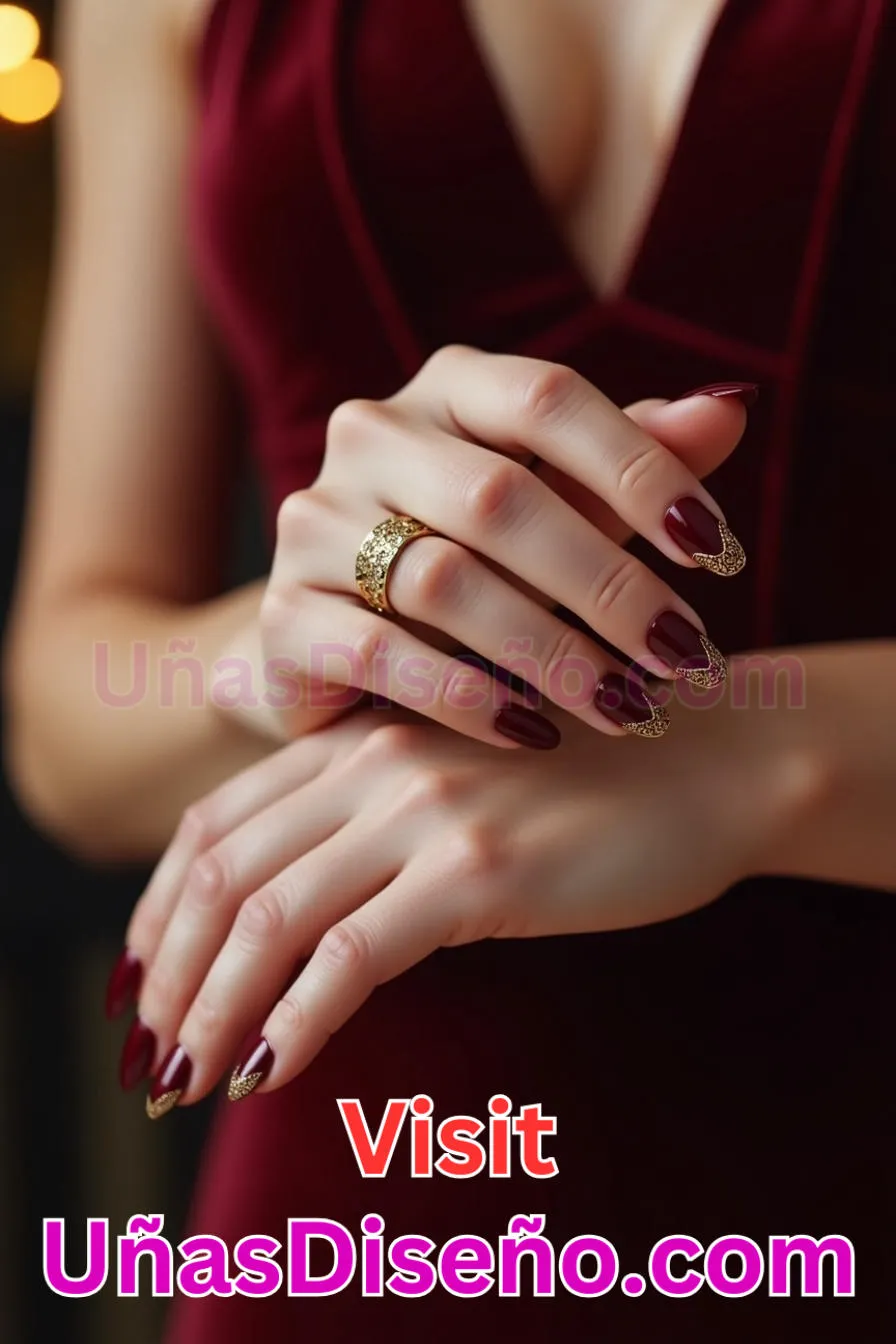 3. Manicura Francesa Inversa en Burdeos y Oro (9)