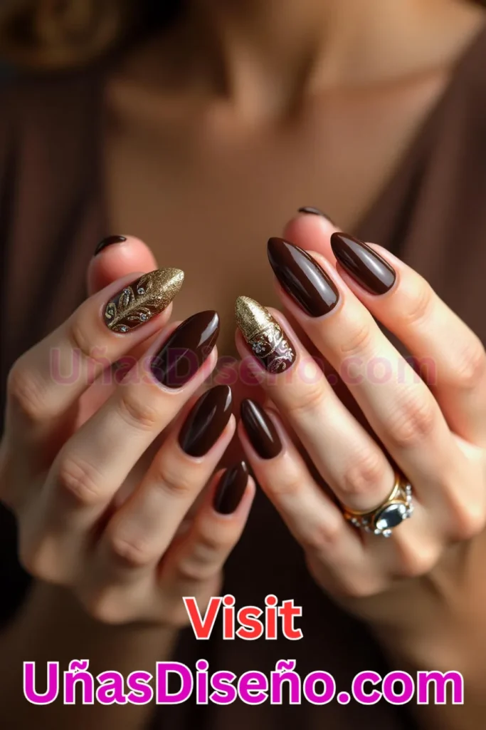 3. Uñas Chocolate con Toques Dorados - 15 Diseños de Uñas de Chocolate Oscuro que Complementarán tu Look a la Perfección (6).jpeg