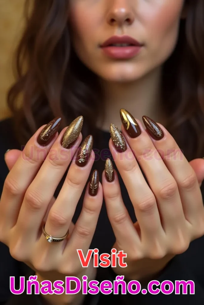 3. Uñas Chocolate con Toques Dorados - 15 Diseños de Uñas de Chocolate Oscuro que Complementarán tu Look a la Perfección (7).jpeg