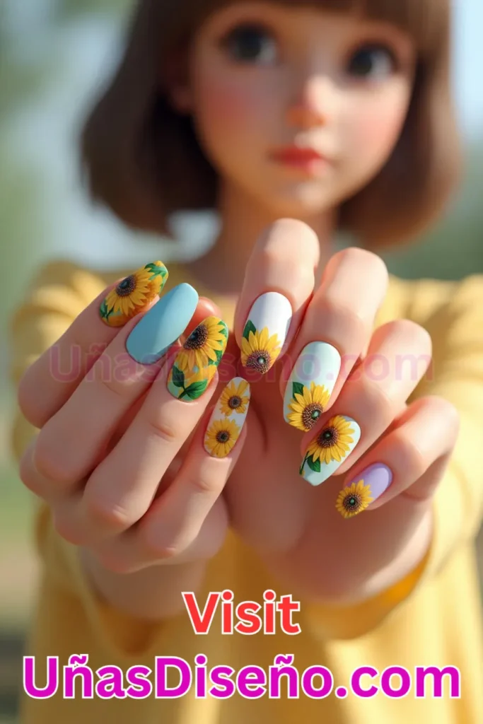 4. Diseños de uñas con estampado floral y atrevidos girasoles amarillos (3).jpeg