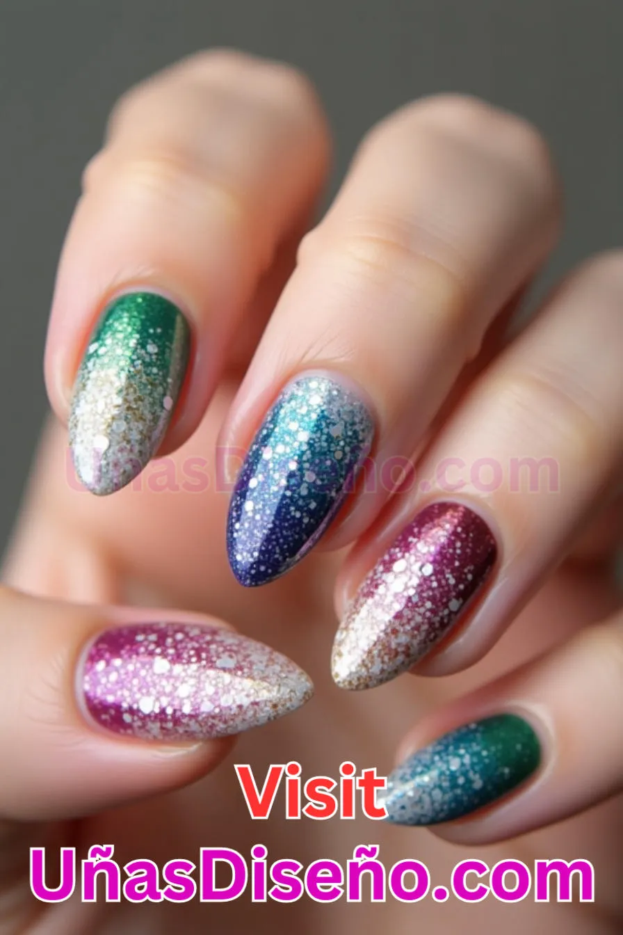 4. Efecto degradado de purpurina - Cómo Elegir el Diseño Perfecto para Uñas Almendra 21 Ideas Exclusivas para Brillar (1).jpeg