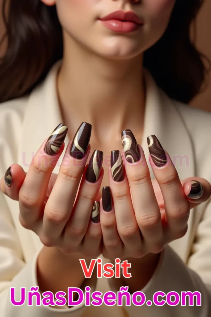 4. Mármol de Chocolate y Crema - 15 Diseños de Uñas de Chocolate Oscuro que Complementarán tu Look a la Perfección (3).jpeg