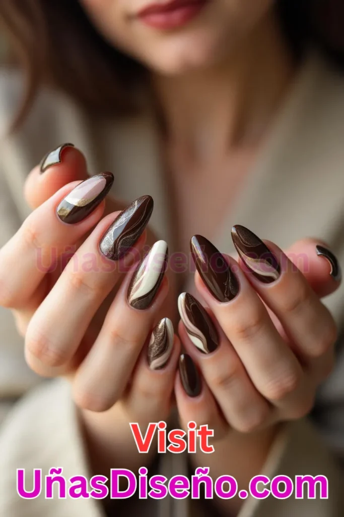 4. Mármol de Chocolate y Crema - 15 Diseños de Uñas de Chocolate Oscuro que Complementarán tu Look a la Perfección (5).jpeg