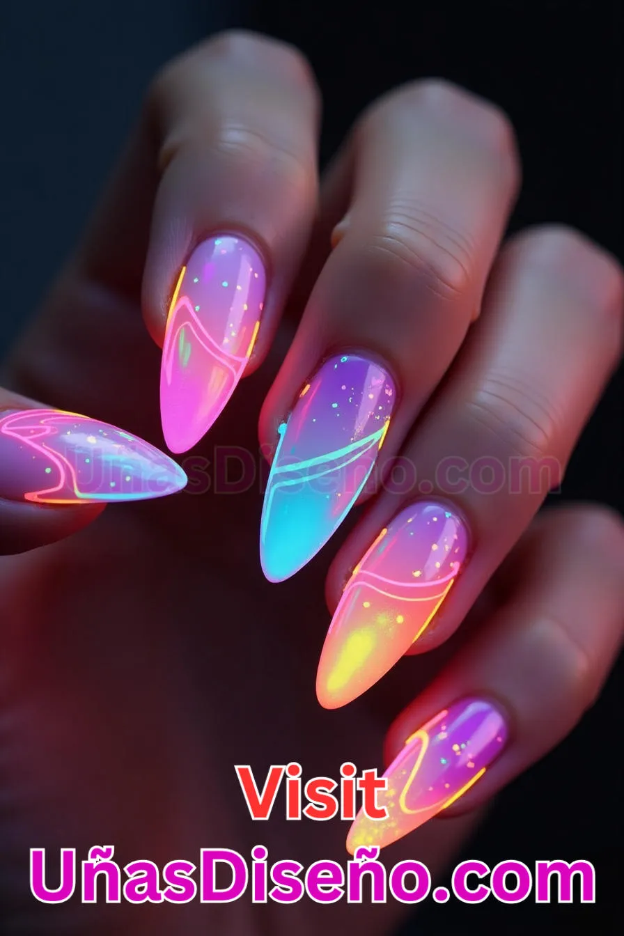 4. Neon Edge Impact - Tendencias 2025 30 Estilos de Uñas Almendra que Marcan la Diferencia (4).jpeg
