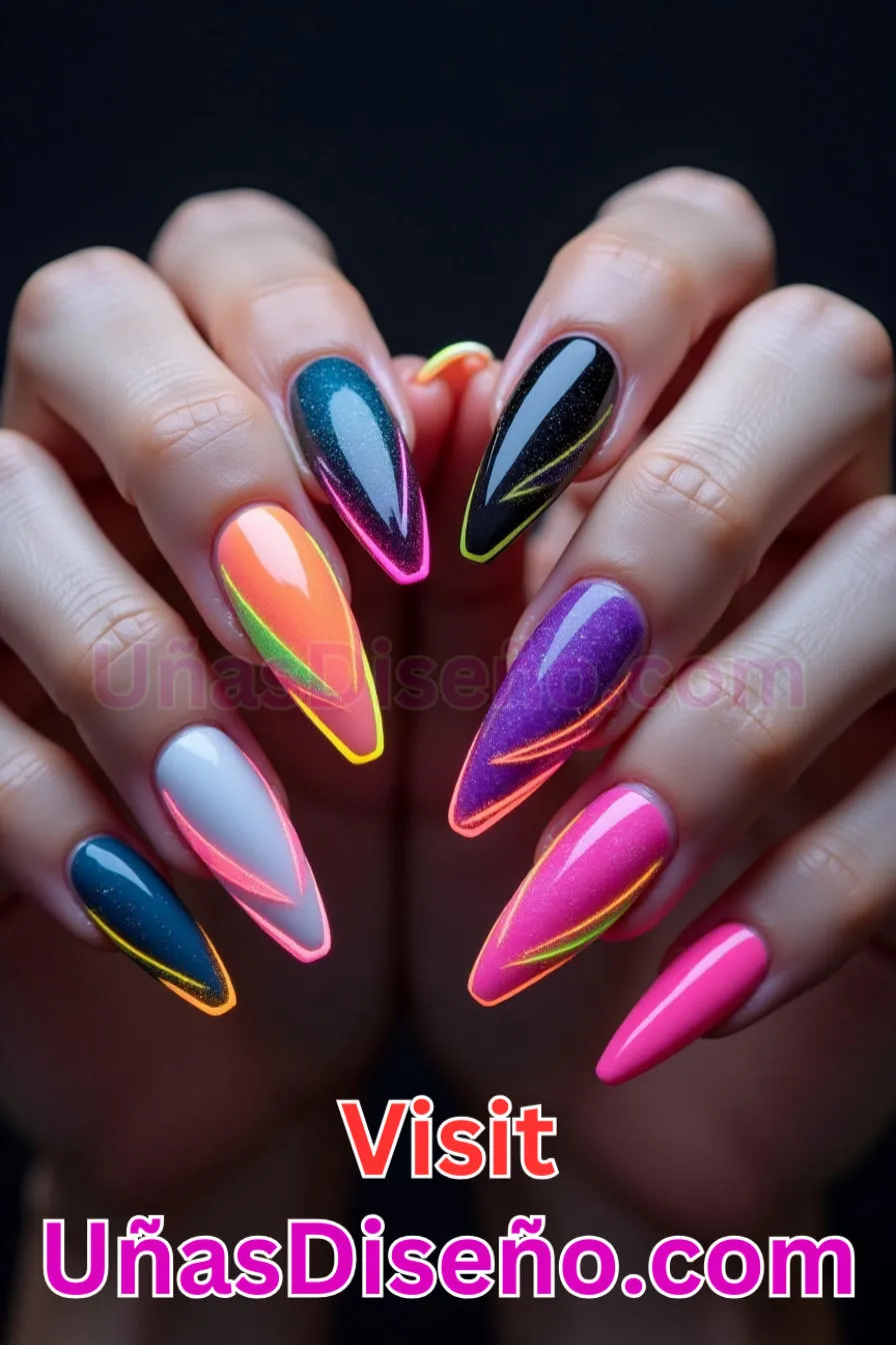 4. Neon Edge Impact - Tendencias 2025 30 Estilos de Uñas Almendra que Marcan la Diferencia (6).jpeg