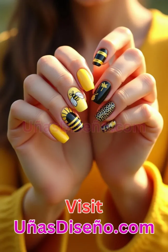 46. Abeja Diseños de uñas - 51 Diseños de uñas con estampado animal para combinar a la perfección con tus vestidos (2).jpeg