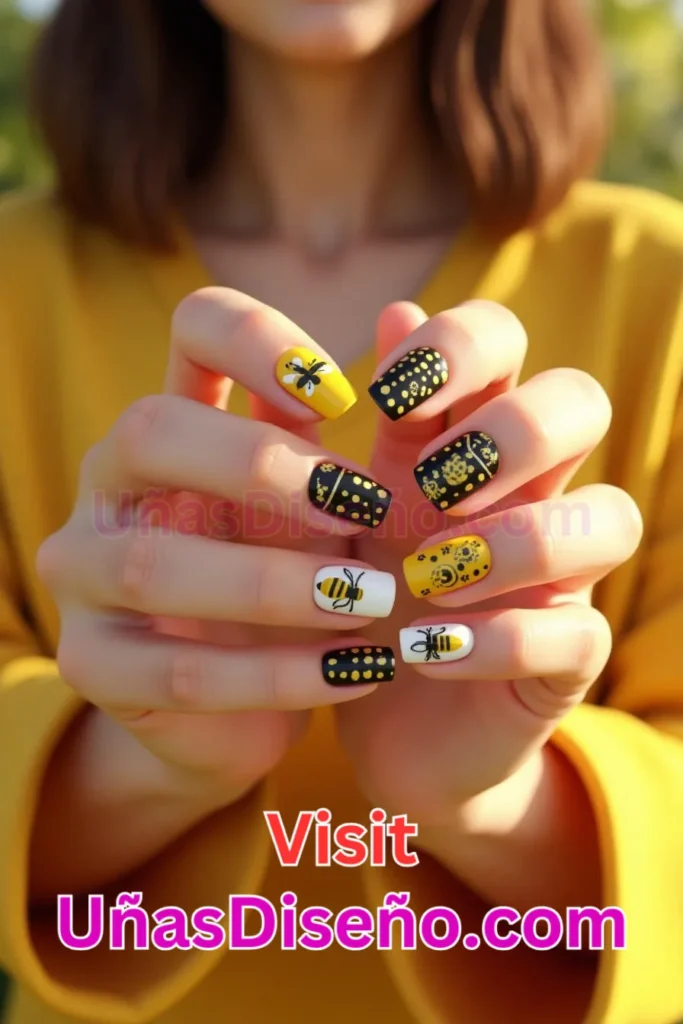 46. Abeja Diseños de uñas - 51 Diseños de uñas con estampado animal para combinar a la perfección con tus vestidos.jpeg