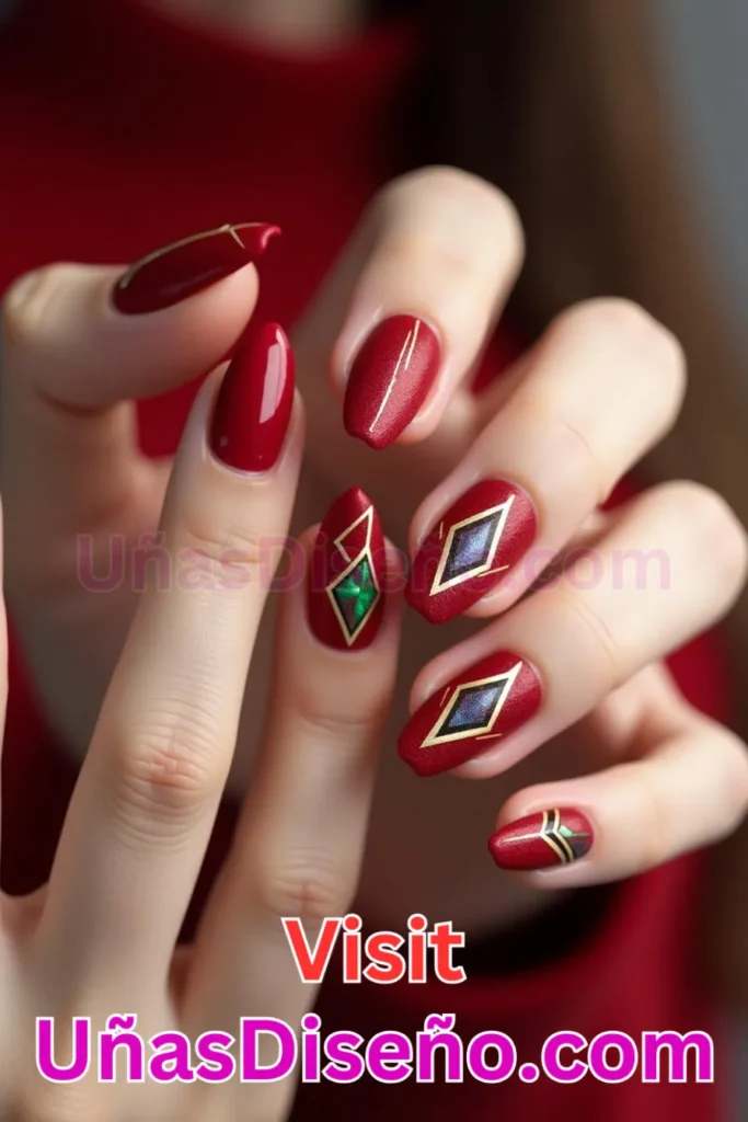 5. Rojo Terciopelo con Rombos Geométricos Diseños de Uñas Navideñas (1).jpeg