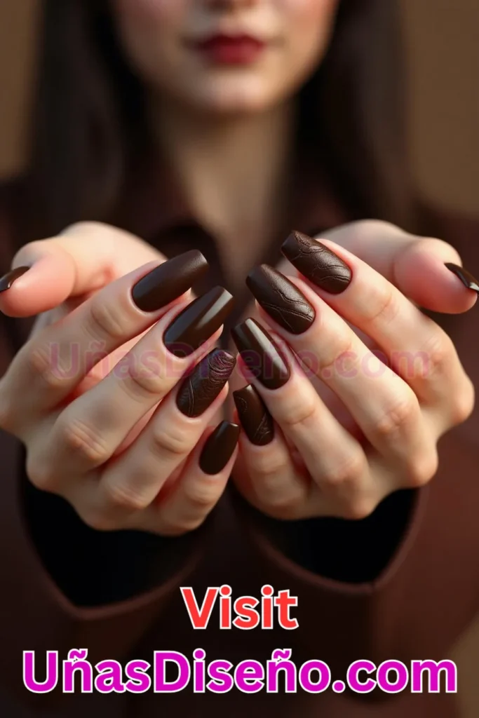 5. Uñas Chocolate con Textura de Cuero - 15 Diseños de Uñas de Chocolate Oscuro que Complementarán tu Look a la Perfección (1).jpeg