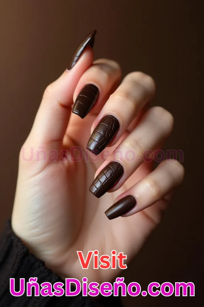 5. Uñas Chocolate con Textura de Cuero - 15 Diseños de Uñas de Chocolate Oscuro que Complementarán tu Look a la Perfección (3).jpeg