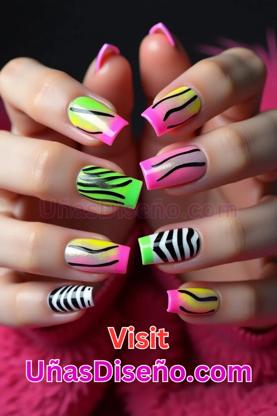 5. Uñas de neón francesas con estampado de cebra - 15 Diseños de uñas de neón de moda para un look atrevido y vibrante 1.jpeg