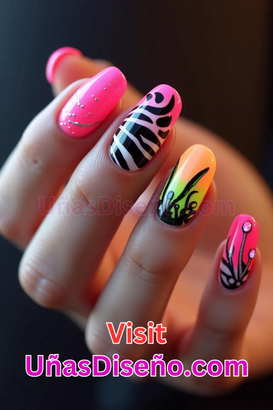 5. Uñas de neón francesas con estampado de cebra - 15 Diseños de uñas de neón de moda para un look atrevido y vibrante 2.jpeg