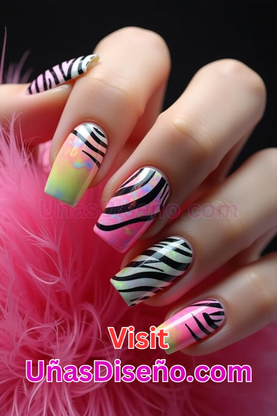 5. Uñas de neón francesas con estampado de cebra - 15 Diseños de uñas de neón de moda para un look atrevido y vibrante 5.jpeg