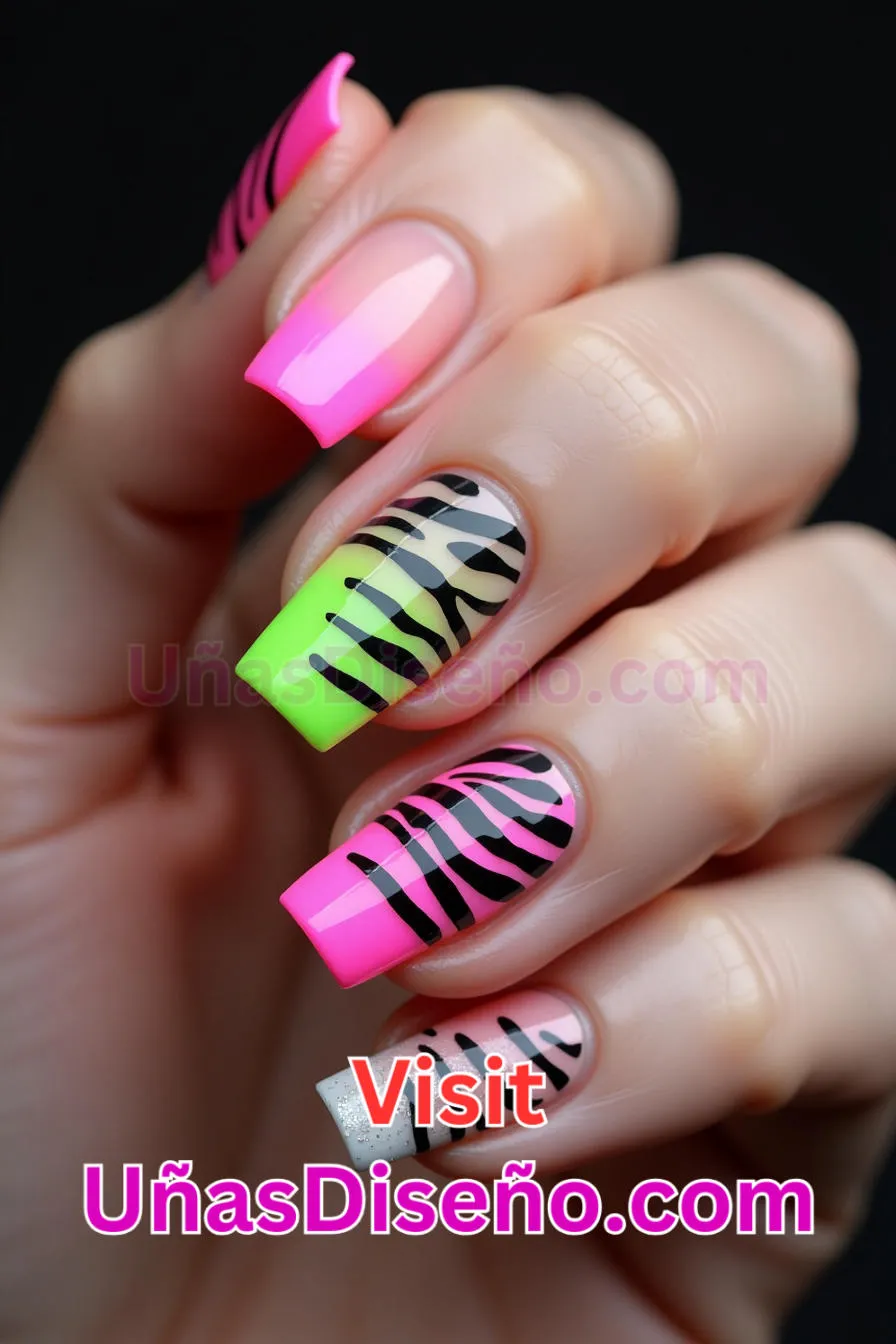 5. Uñas de neón francesas con estampado de cebra - 15 Diseños de uñas de neón de moda para un look atrevido y vibrante 6.jpeg