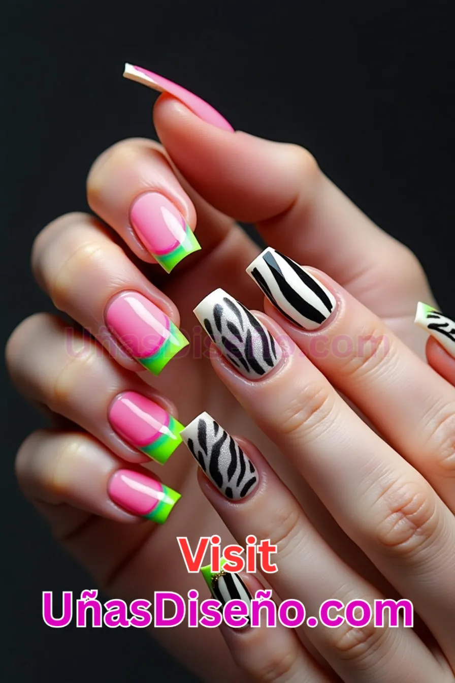 5. Uñas de neón francesas con estampado de cebra - 15 Diseños de uñas de neón de moda para un look atrevido y vibrante 7.jpeg