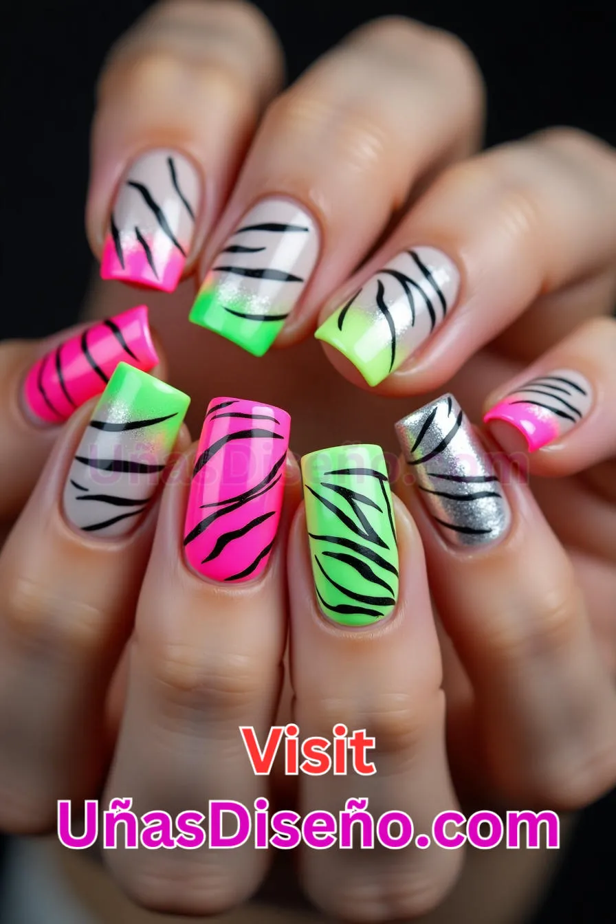 5. Uñas de neón francesas con estampado de cebra - 15 Diseños de uñas de neón de moda para un look atrevido y vibrante 8.jpeg