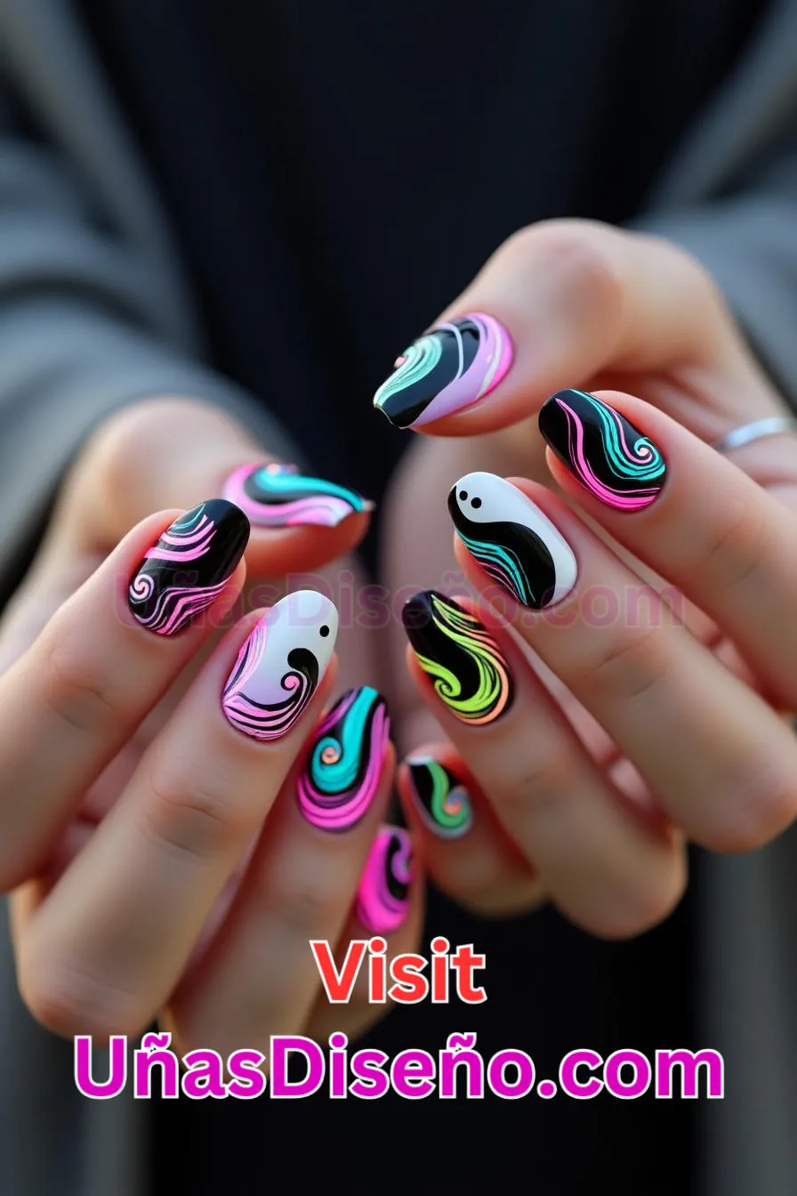 6. Estilo Ying Yang Uñas de Neón - 15 Diseños de uñas de neón de moda para un look atrevido y vibrante 6.jpeg