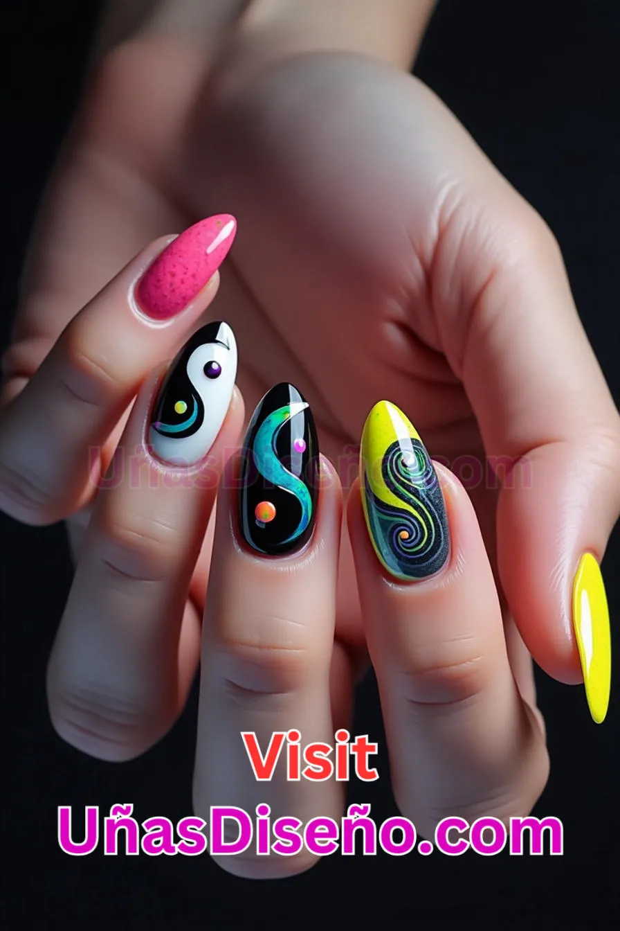 6. Estilo Ying Yang Uñas de Neón - 15 Diseños de uñas de neón de moda para un look atrevido y vibrante 7.jpeg