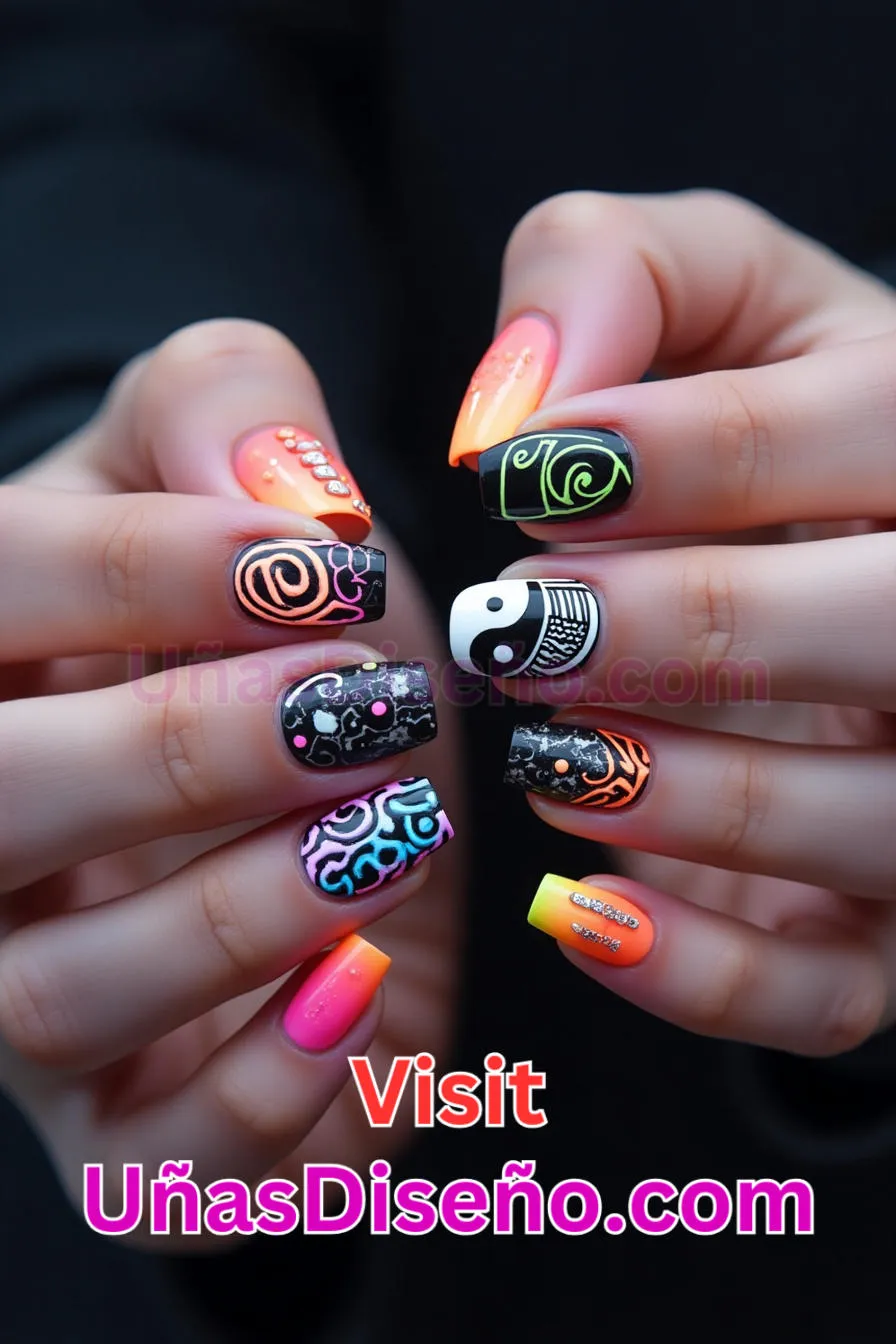 6. Estilo Ying Yang Uñas de Neón - 15 Diseños de uñas de neón de moda para un look atrevido y vibrante 8.jpeg