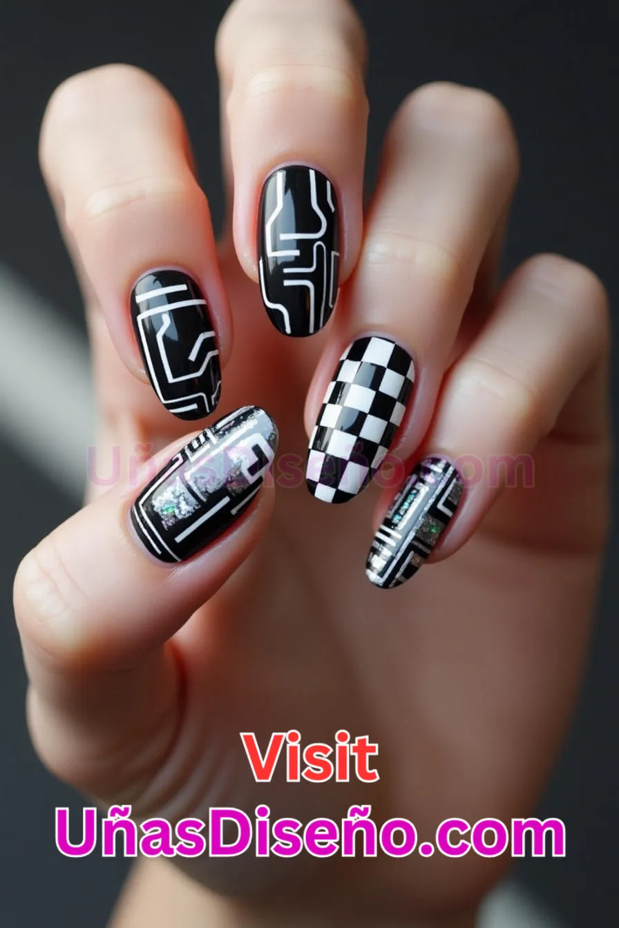 6. Uñas Cyber Skittle en blanco y negro - 12 modernos diseños de uñas transparentes con motivos y detalles únicos 6.jpeg