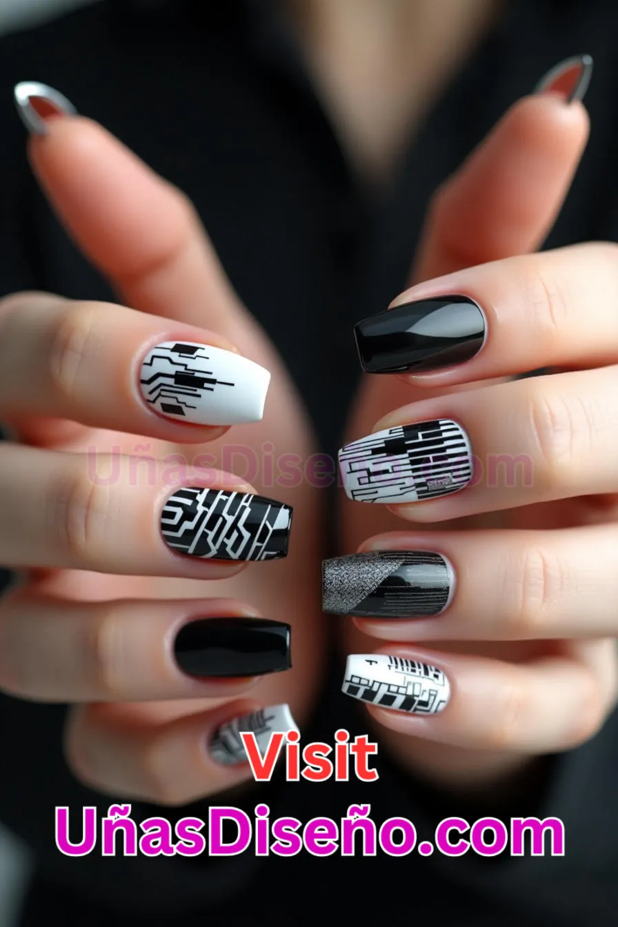 6. Uñas Cyber Skittle en blanco y negro - 12 modernos diseños de uñas transparentes con motivos y detalles únicos 7.jpeg
