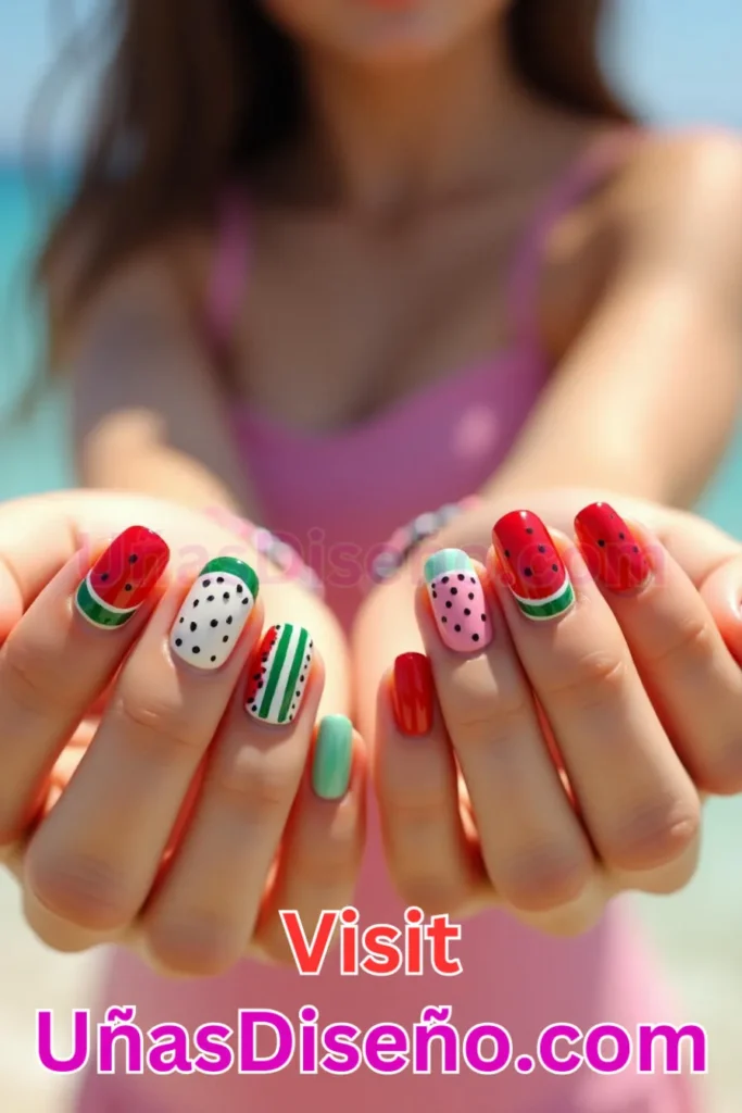 7. Diseño de uñas de verano con motivos de sandía y toques divertidos (1).jpeg