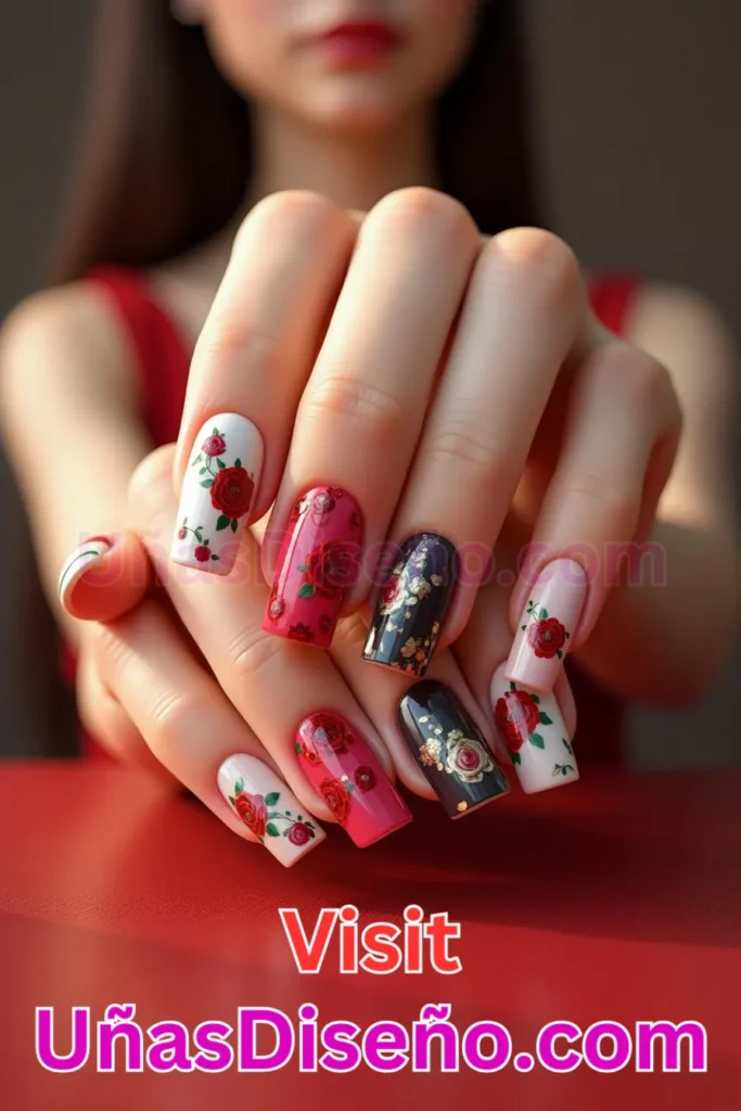 7. Diseños de uñas con estampado floral y adornos de rosas rojas (2).jpeg