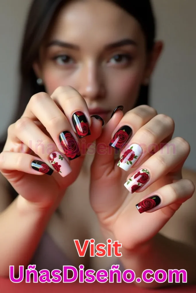 7. Diseños de uñas con estampado floral y adornos de rosas rojas (3).jpeg