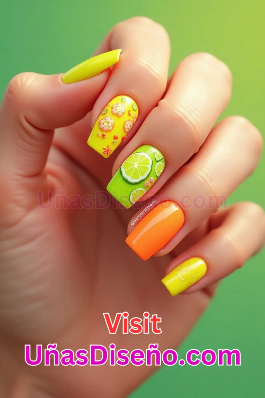 7. Limón Lima Tutti Frutti Diseño de uñas de neón - 15 Diseños de uñas de neón de moda para un look atrevido y vibrante 2.jpeg