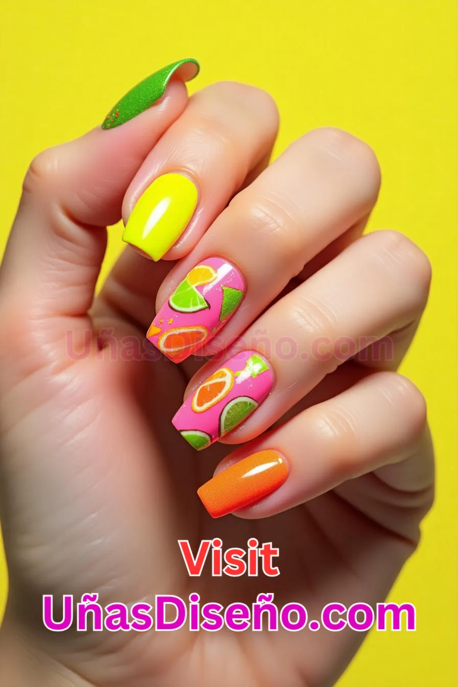 7. Limón Lima Tutti Frutti Diseño de uñas de neón - 15 Diseños de uñas de neón de moda para un look atrevido y vibrante 3.jpeg