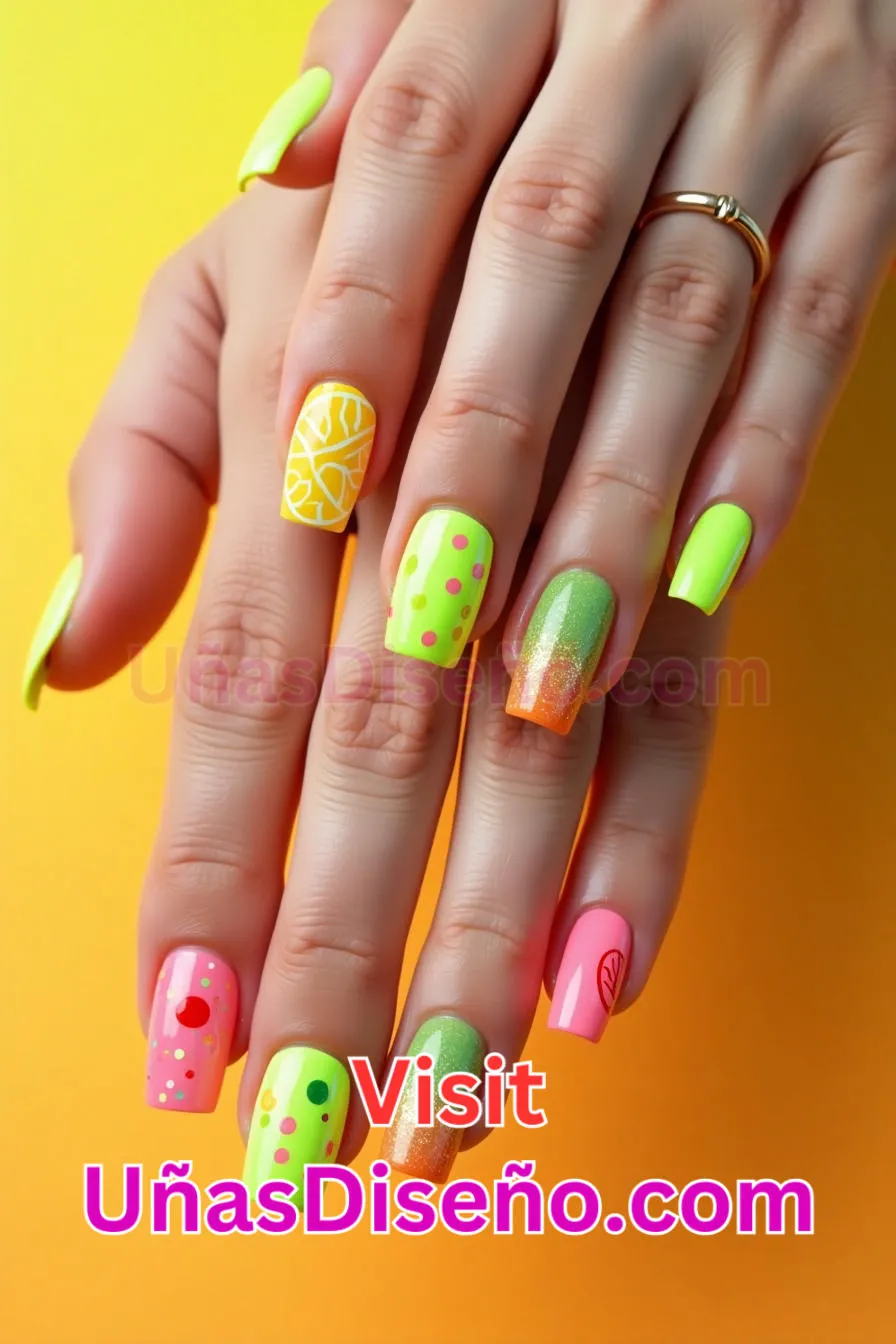 7. Limón Lima Tutti Frutti Diseño de uñas de neón - 15 Diseños de uñas de neón de moda para un look atrevido y vibrante 4.jpeg