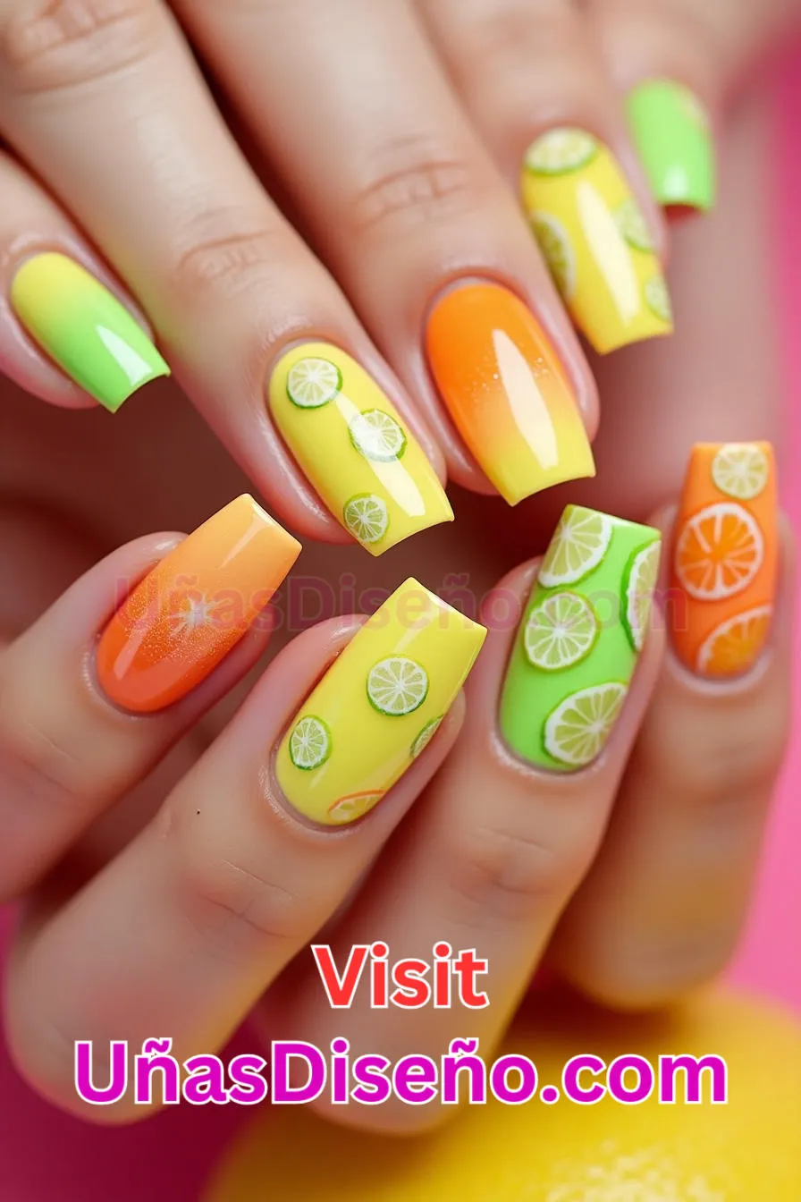 7. Limón Lima Tutti Frutti Diseño de uñas de neón - 15 Diseños de uñas de neón de moda para un look atrevido y vibrante 5.jpeg