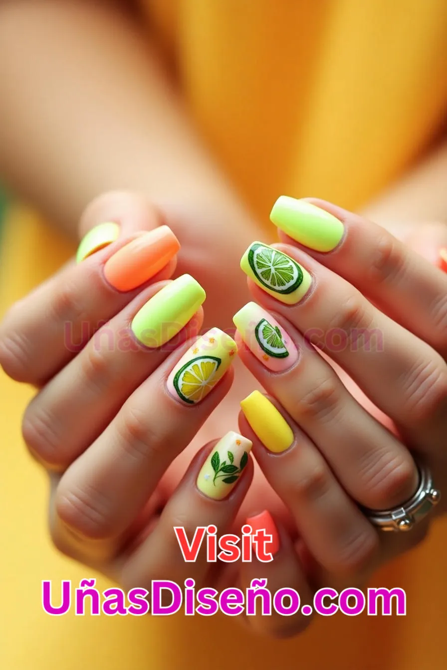 7. Limón Lima Tutti Frutti Diseño de uñas de neón - 15 Diseños de uñas de neón de moda para un look atrevido y vibrante 7.jpeg