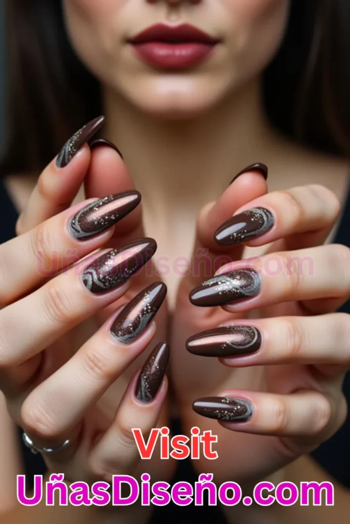 7. Uñas de Chocolate con Brillo Espejo - 15 Diseños de Uñas de Chocolate Oscuro que Complementarán tu Look a la Perfección (3).jpeg