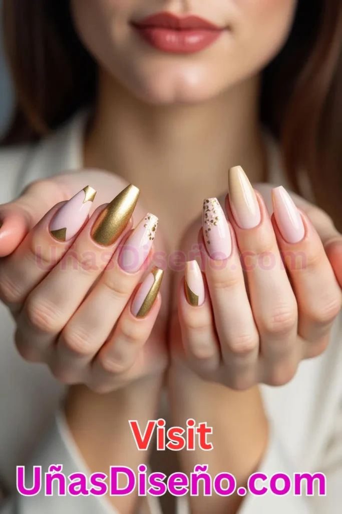 8. Mezcla de desnudo y dorado - 25 propuestas vanguardistas de diseños de uñas semipermanentes para un look único (5).jpeg