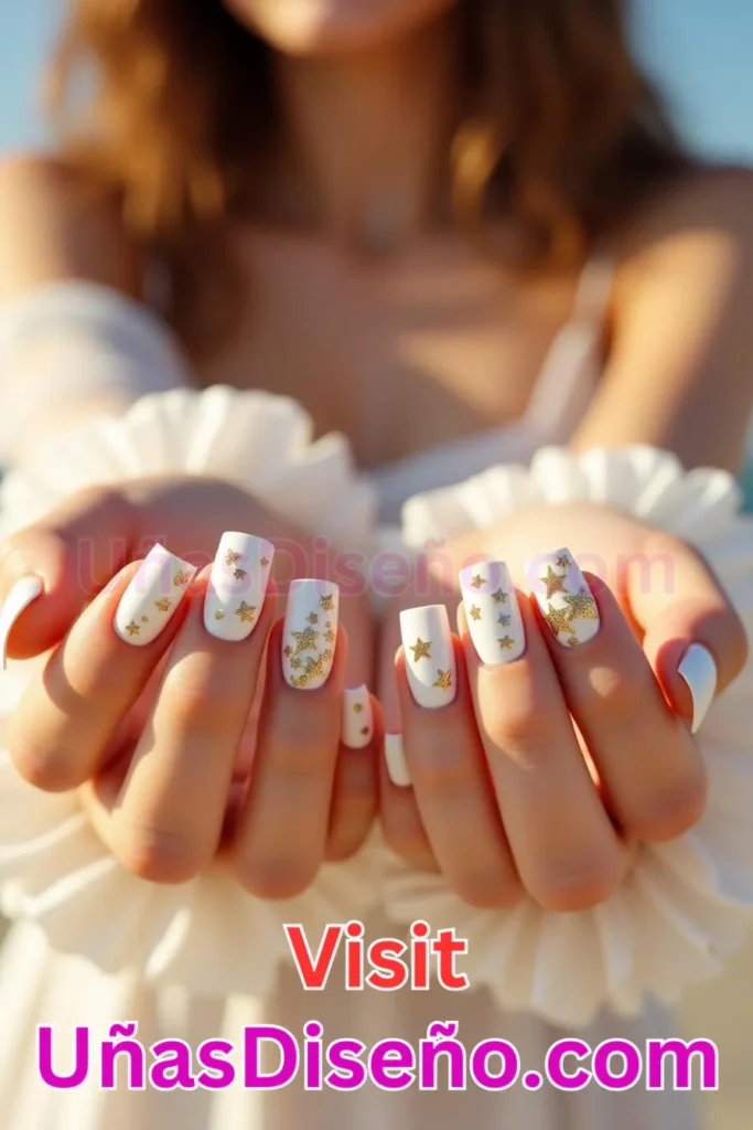 9. Diseño de uñas de verano con estrellas doradas sobre fondo blanco (1).jpeg