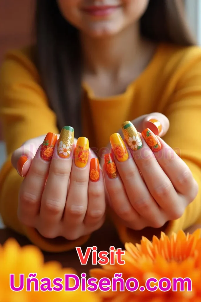 9. Diseños de uñas con estampado floral de pétalos de caléndula (1).jpeg