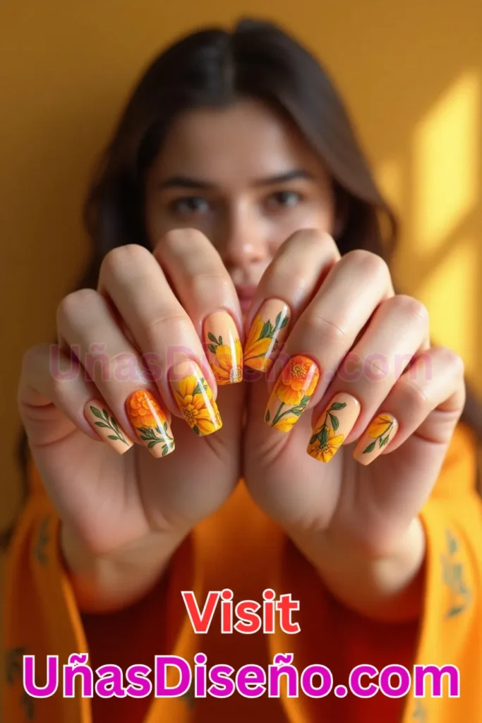 9. Diseños de uñas con estampado floral de pétalos de caléndula (2).jpeg