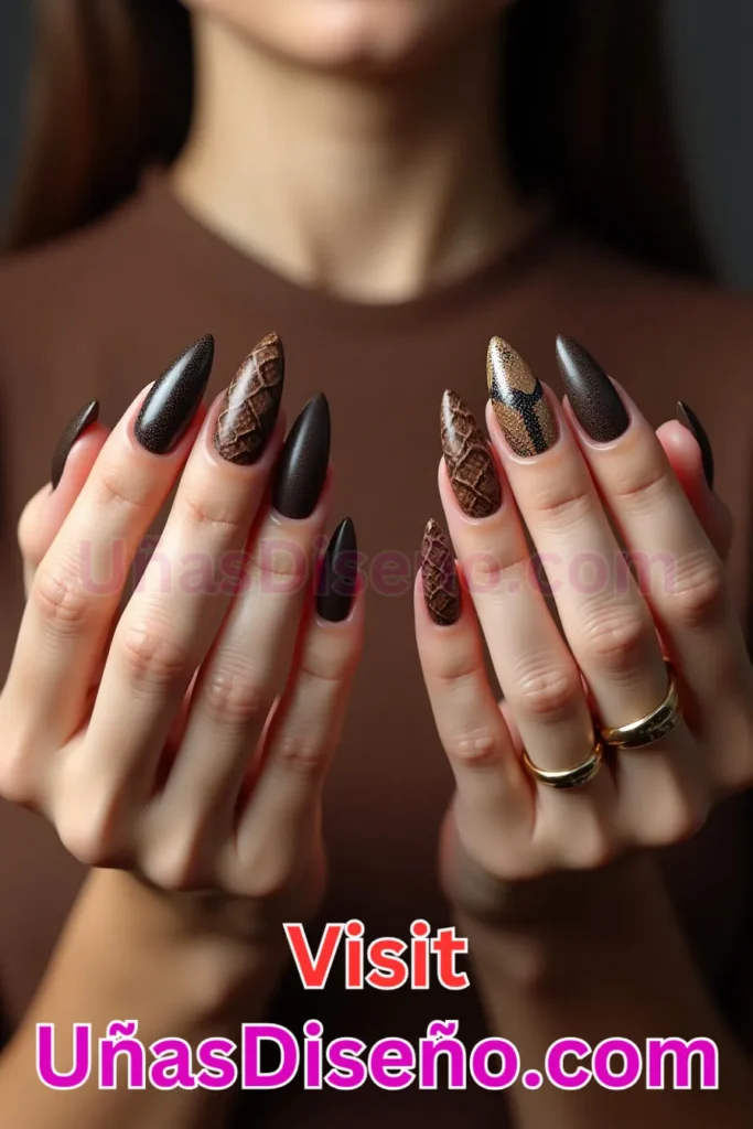 9. Estampado de Serpiente en Chocolate - 15 Diseños de Uñas de Chocolate Oscuro que Complementarán tu Look a la Perfección (1).jpeg