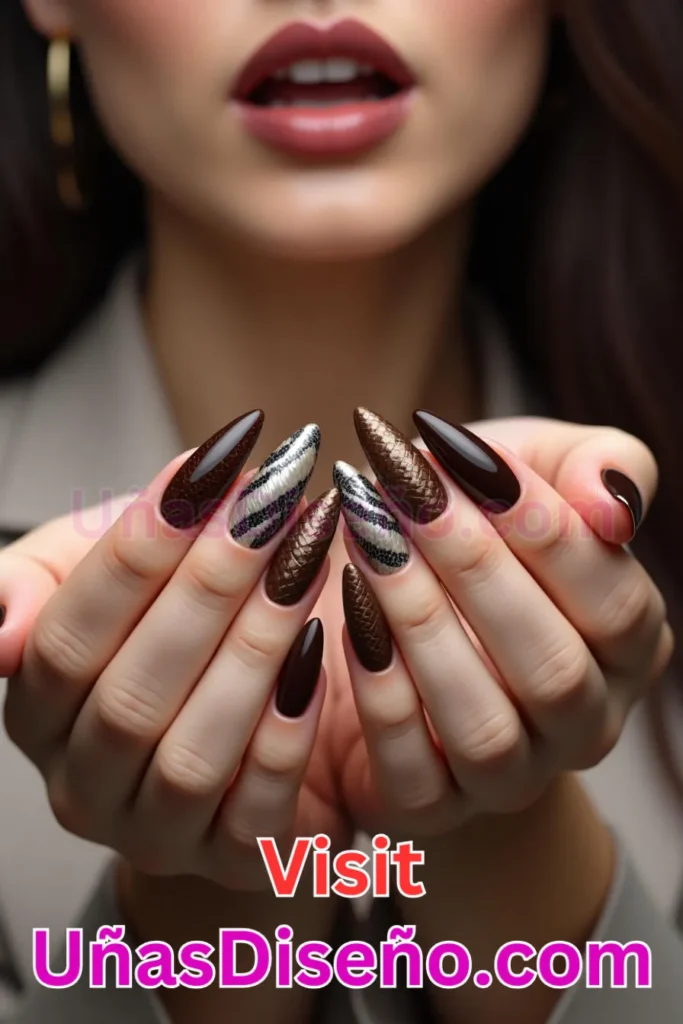 9. Estampado de Serpiente en Chocolate - 15 Diseños de Uñas de Chocolate Oscuro que Complementarán tu Look a la Perfección (4).jpeg