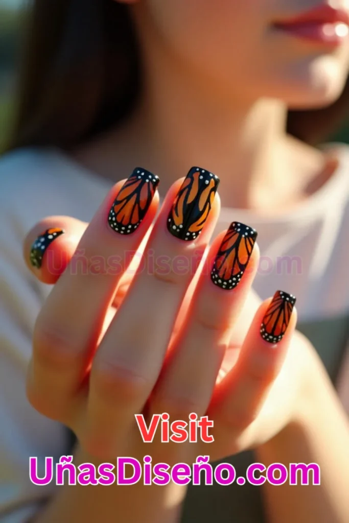 9. Mariposa monarca Diseños de uñas - 51 Diseños de uñas con estampado animal para combinar a la perfección con tus vestidos (2).jpeg